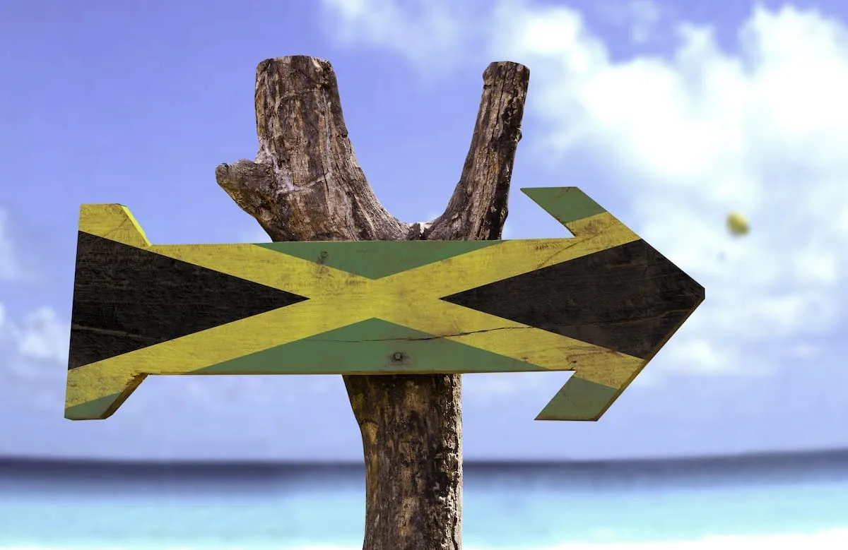 Jamaica wooden sign with beach background